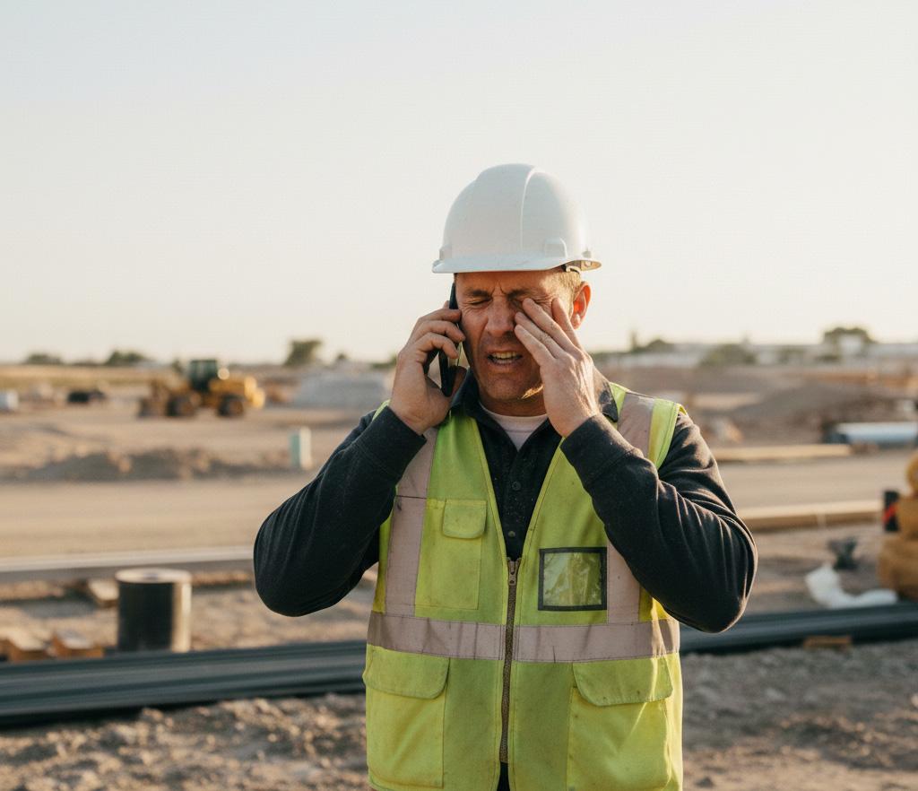 Frustrated contractor overwhelmed by paperwork and admin tasks